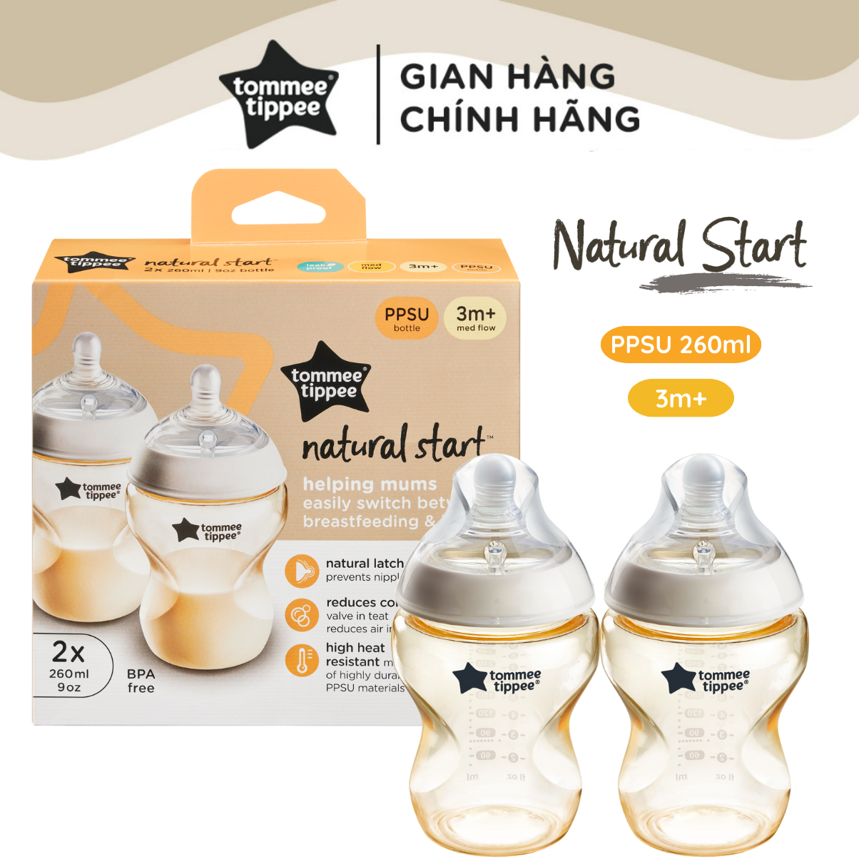 Bình Sữa PPSU Ty Siêu Mềm Tự Nhiên Tommee Tippee Natural Start 260ml, Núm Ty Của Bình 3-6 tháng (Bình Đôi)