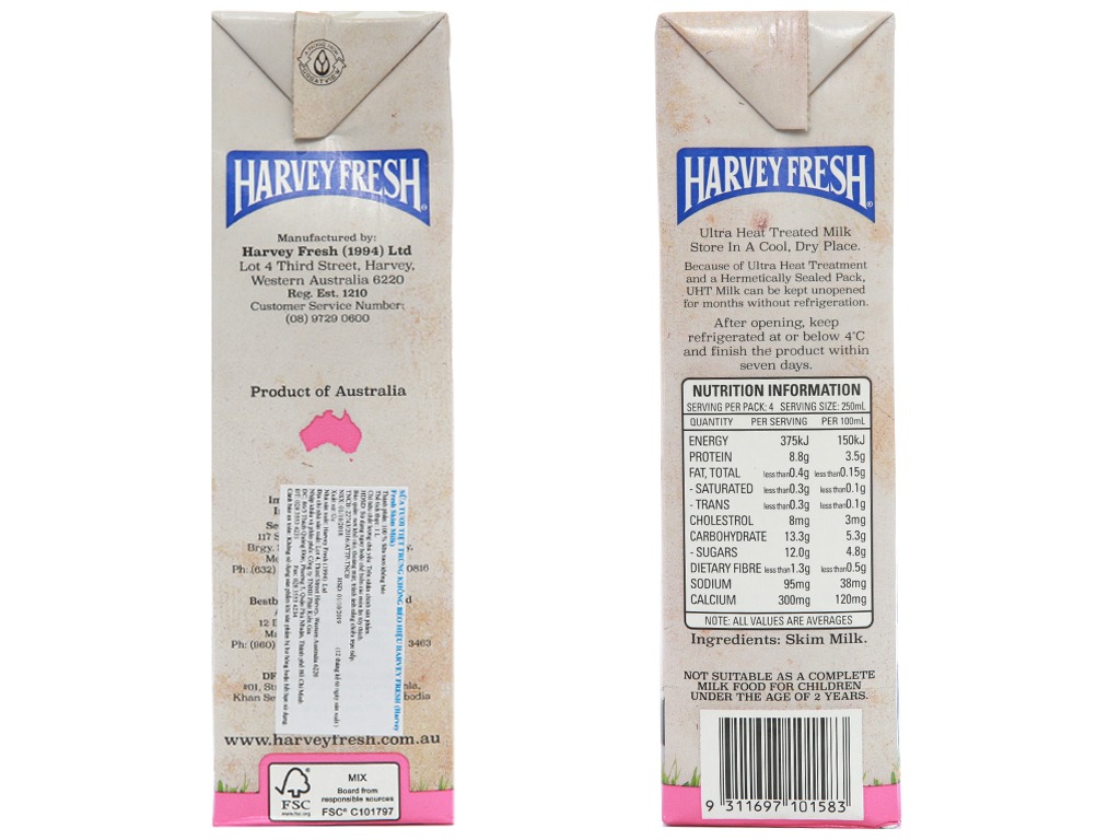 Sữa Tươi Tiệt Trùng Tách Béo Harvey Fresh 1L (Úc)
