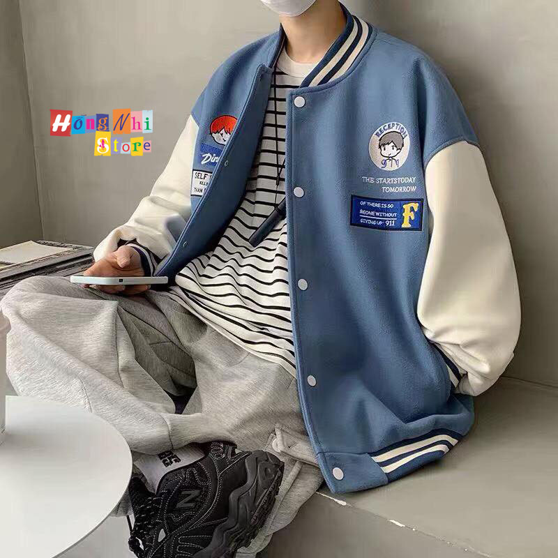 Áo Khoác Bomber Thêu Hình Cô Bé Cậu Bé Ulzzang Unisex Dáng Rộng Nam Nữ - MM - M