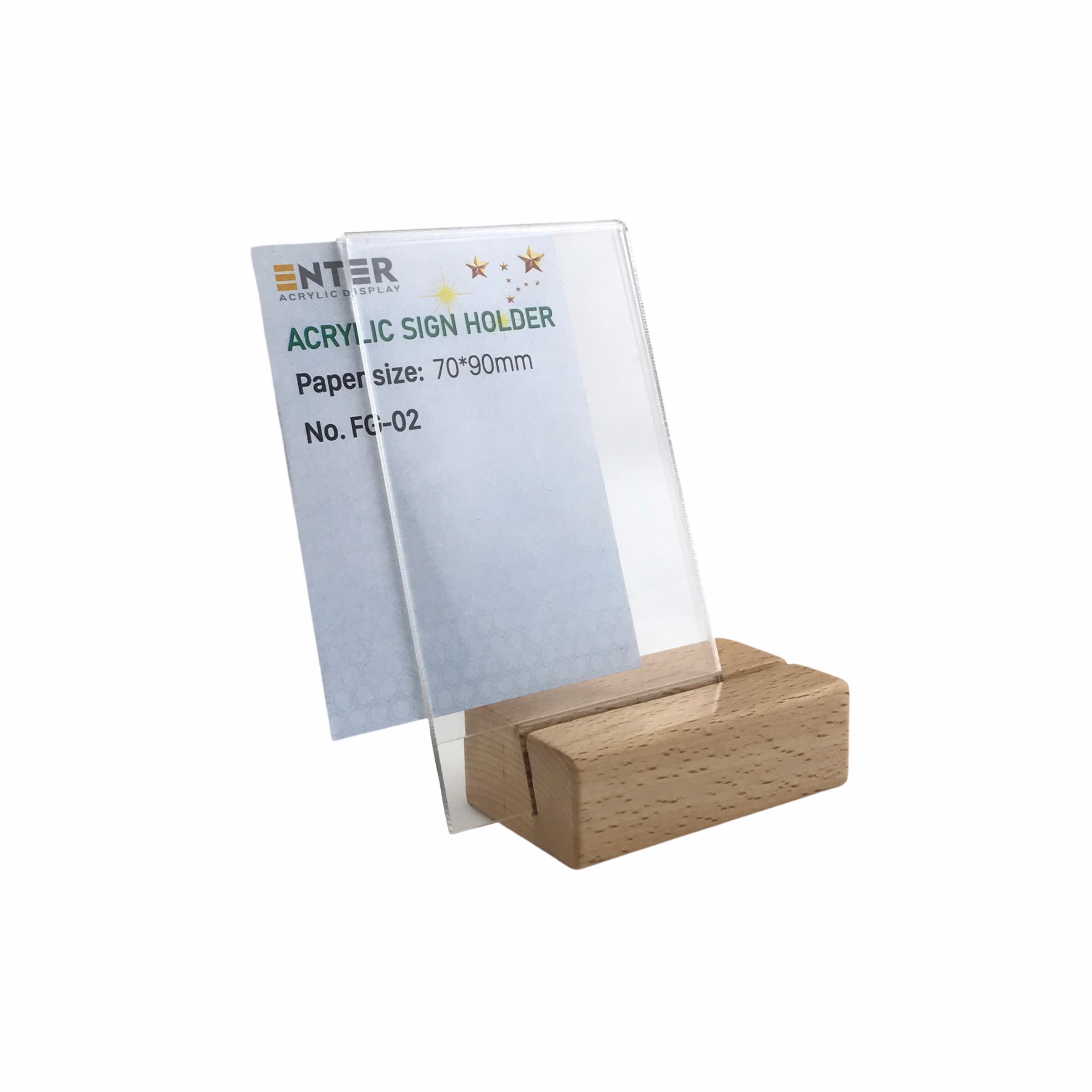 Kệ mica 1 mặt đế gỗ Enter FG-02 70x90mm, Kệ thông tin sản phẩm, Standee mica để bàn, Bảng quét mã QR Code