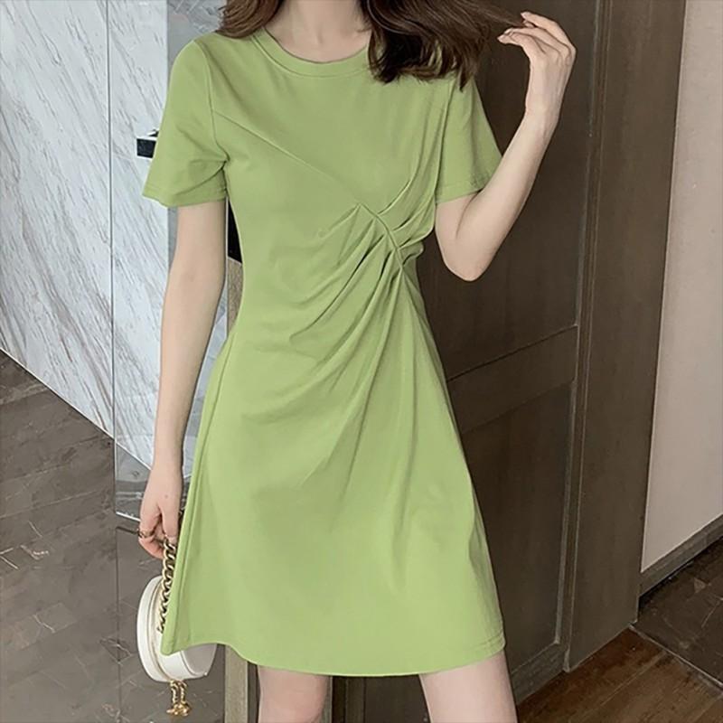 Đầm cổ tròn màu trơn thiết kế thanh lịch