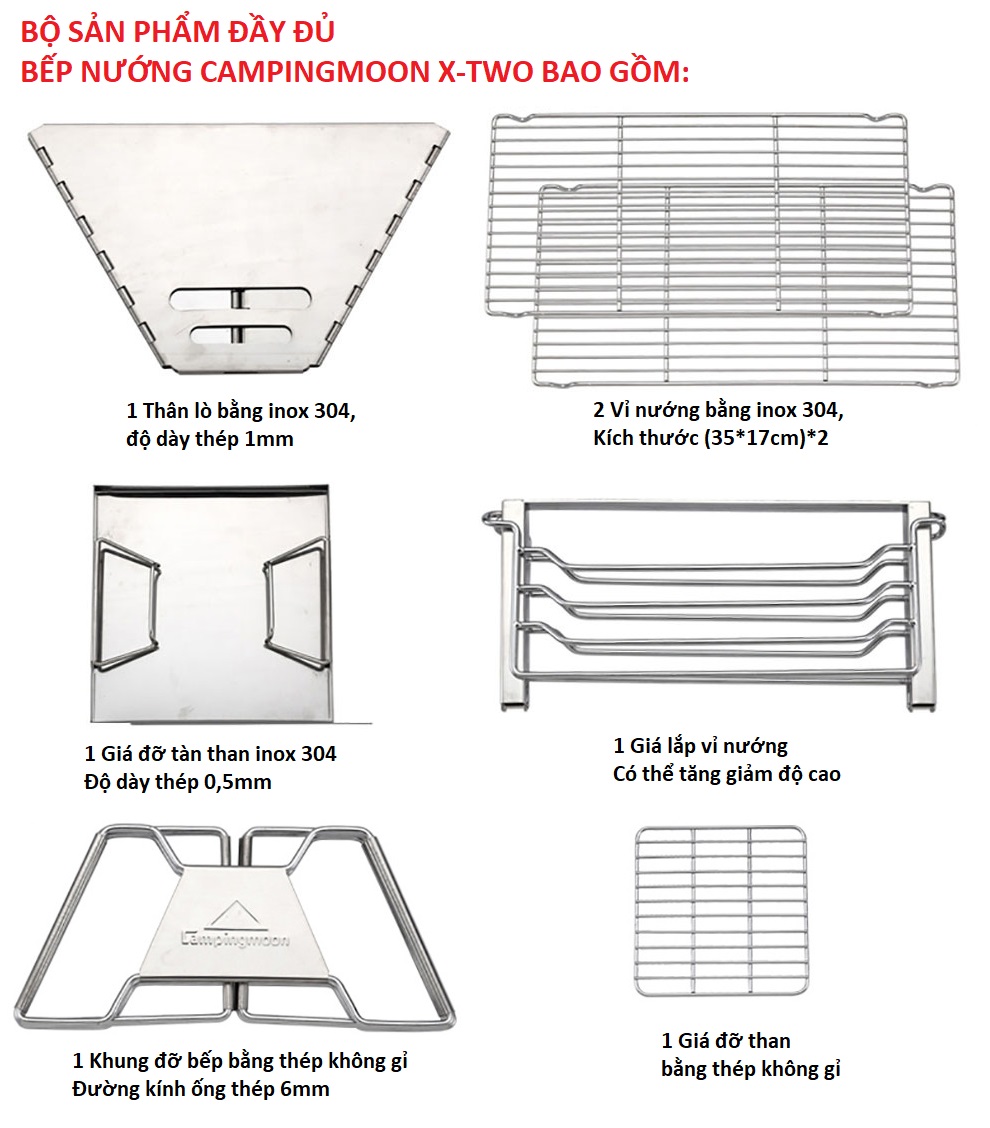 Bếp Nướng Than CampingMoon X-Two Dã Ngoại Xếp Gọn Thép Không Gỉ