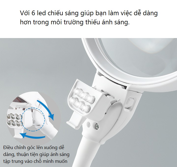 Kính lúp 10X có đèn tích hợp kẹp bàn và để bàn tiện lợi, thiết kế sang trọng, đẹp mắt M763 ( Tặng đèn pin bóp tay thân thiện với môi trường ngẫu nhiên )