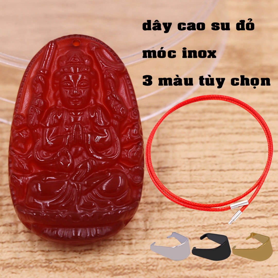 Mặt dây chuyền Thiên thủ thiên nhãn bồ tát mã não đỏ 3.6 cm kèm vòng cổ dây cao su đỏ, Phật bản mệnh, mặt dây chuyền phong thủy, Quan âm bồ tát