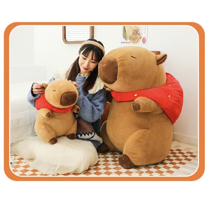 Thú nhồi bông capybara đội mũ dâu tây đáng yêu - Size từ 35cm đến 85cm - Quà tặng gấu bông capybara mang balô dâu tây trên lưng - Gối ôm chuột lang dễ thương cho bé