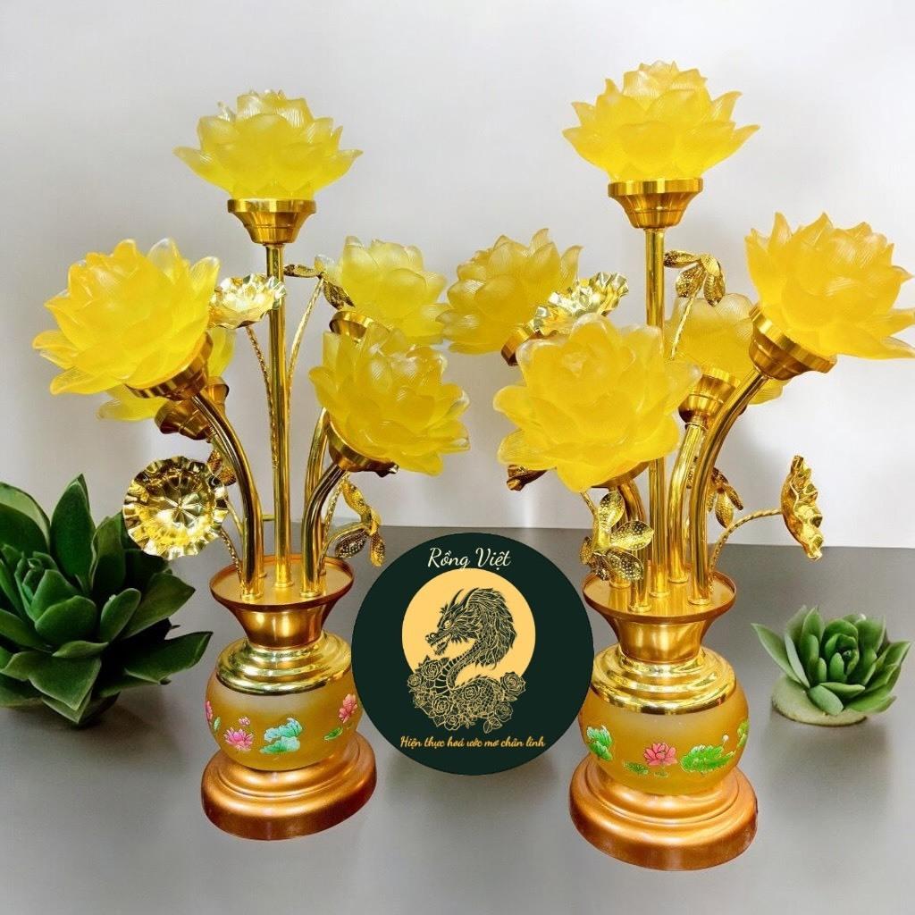 Cặp đèn thờ hoa sen lưu ly 5 bông cao cấp RỒNG VIỆT, Đèn thờ trang trí ánh sáng vàng