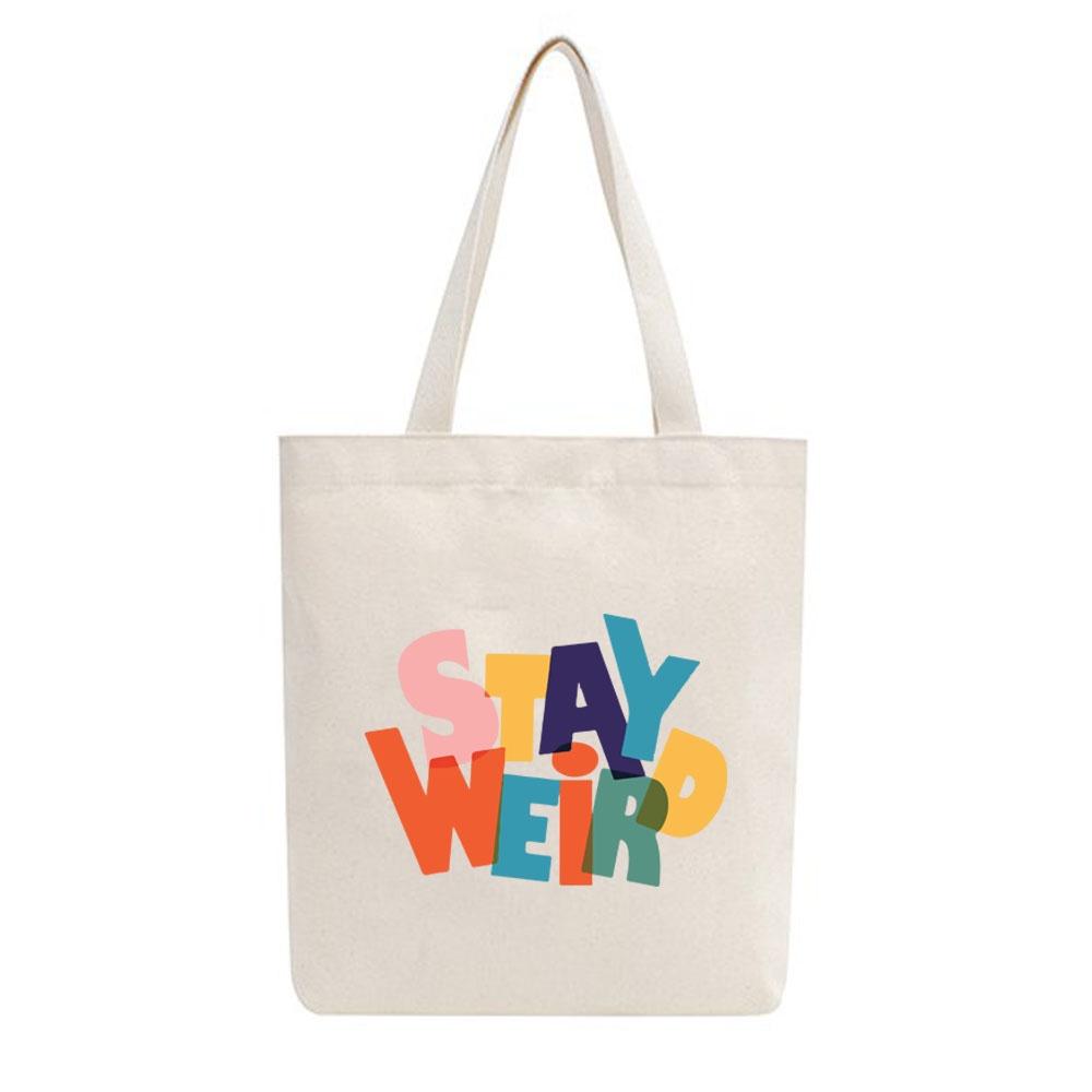 Túi tote vải mộc Tiệm nhà Pony dây kéo in hình Stay Weird PM60