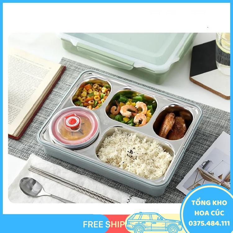 Hộp Cơm Văn Phòng Inox 5 Ngăn Giữ Nhiệt Nắp Đậy Chống Tràn Tặng Kèm Đũa Thìa Inox Tiện Ích, Khay Đựng Cơm Inox 304 - Vận Chuyển Miễn Phí Toàn Quốc