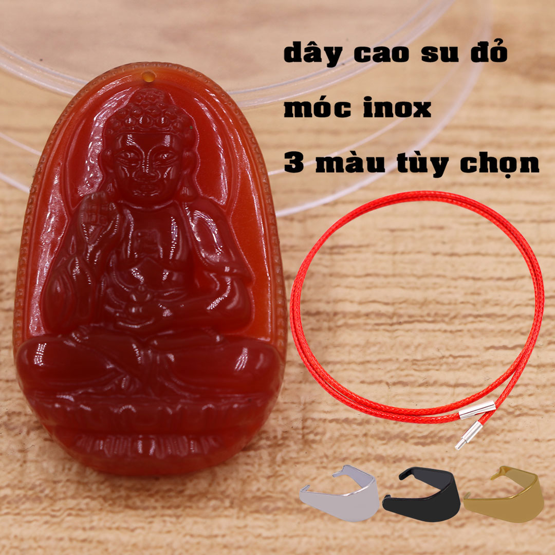 Mặt dây chuyền A di đà mã não đỏ 3.6 cm kèm vòng cổ dây cao su đỏ, Phật bản mệnh, mặt dây chuyền phong thủy