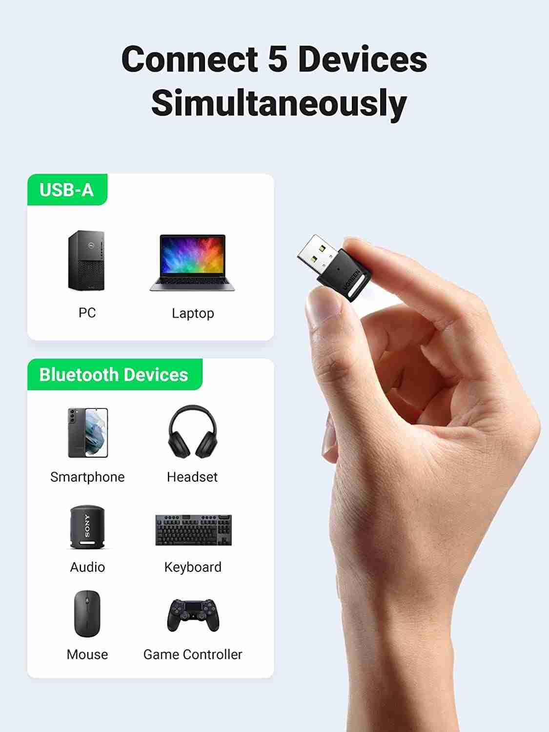 Ugreen UG80890CM390TK BT 5.0 Màu Đen USB nhận Bluetooth chuẩn 5.0 hổ trợ kết nối 5 thiết bị Bluetooth cùng lúc KHÔNG hổ trợ Apple - HÀNG CHÍNH HÃNG