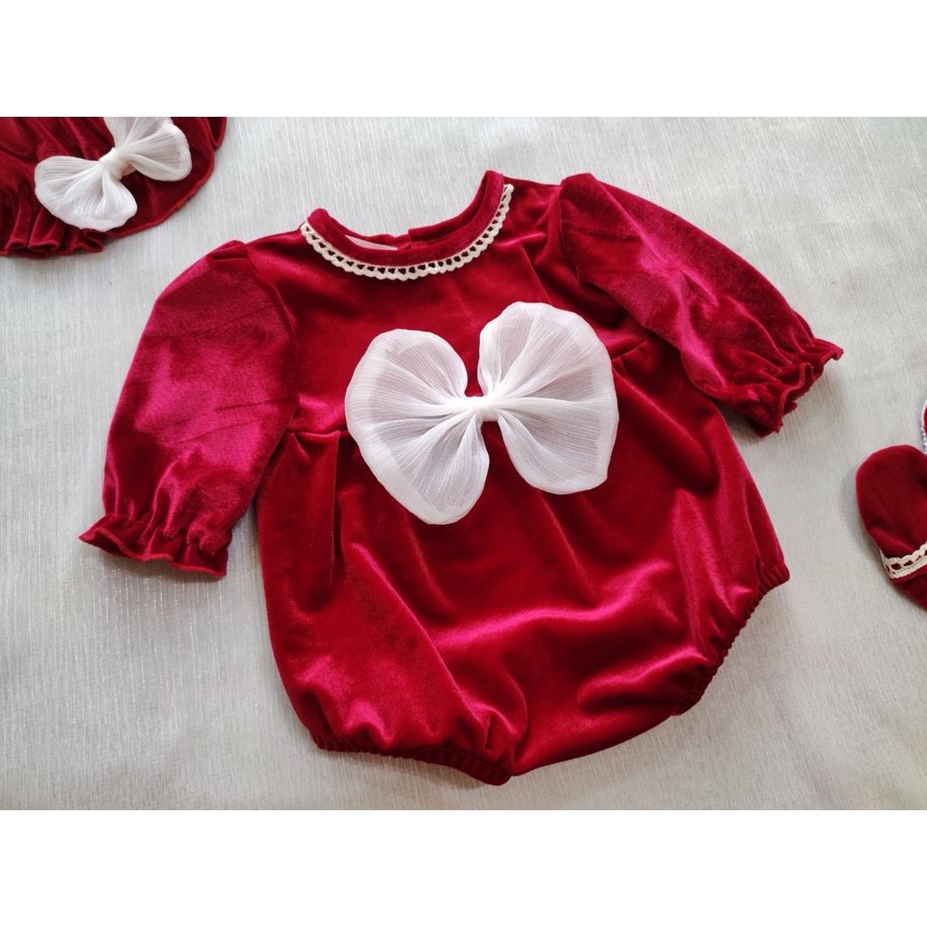 Quần áo trẻ em, bộ body liền thân cho bé sơ sinh và bé gái màu đỏ tặng kèm mũ và hài xinh tại Mom's Choice