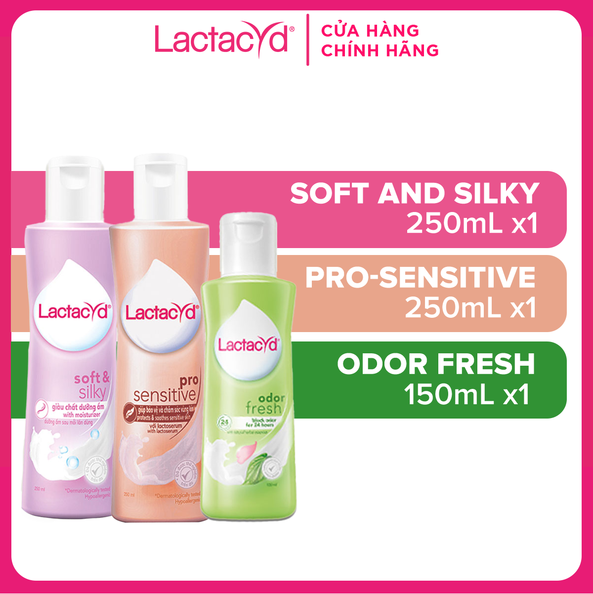 Bộ DDVS Lactacyd Soft &amp; Silky DƯỠNG ẨM 250ml + 1 Odor Fresh NGĂN MÙI 24H 150ml + 1 Pro Sensitive Cho DA NHẠY CẢM 250ml