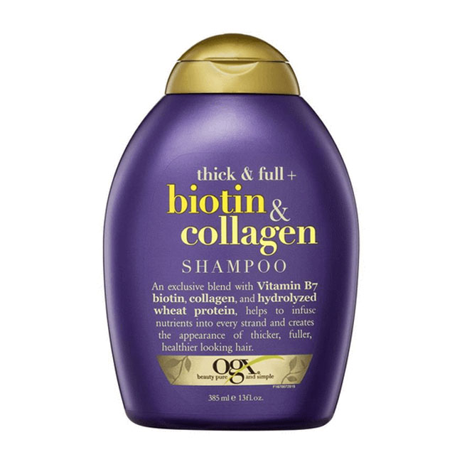 Dầu gội đầu OGX Thick & full + biotin & collagen 385ml, cải thiện tình trạng xơ, rụng, gãy, phục hồi tóc hư tổn, bổ sung độ ẩm cho tóc đàn hồi.