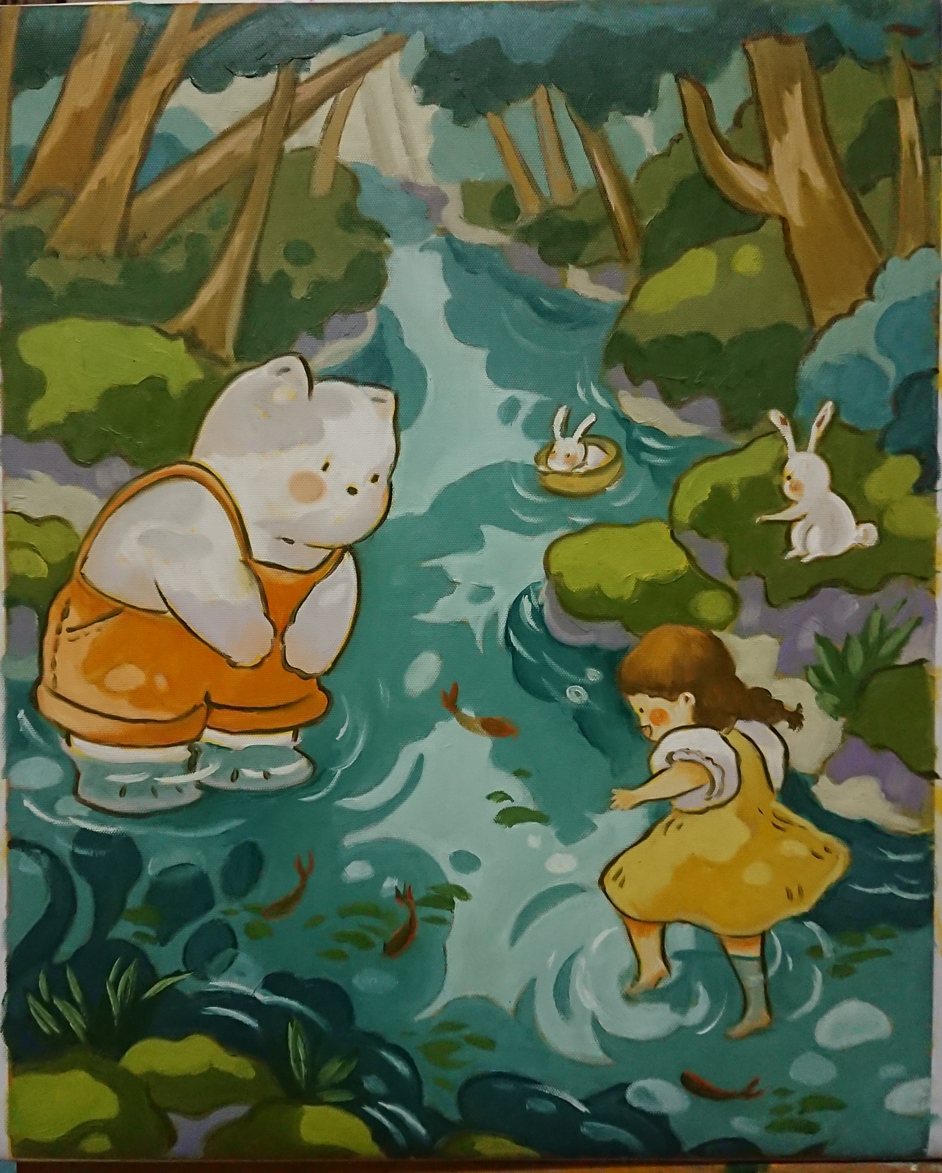 Tranh Sơn Dầu Vẽ Tay 40x50cm - Nghịch Nước (Tranh bé và gấu)