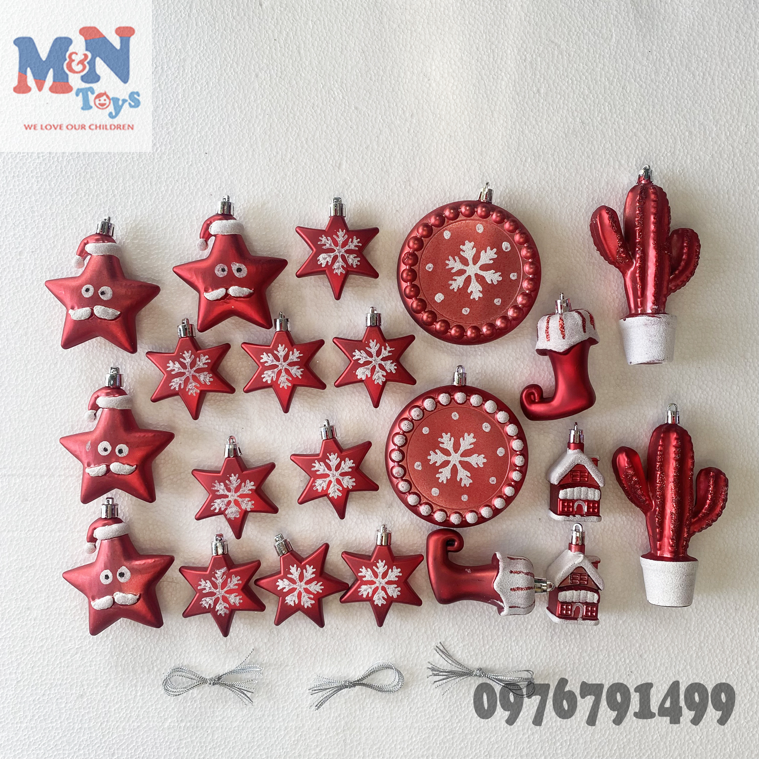 Set 21 món đồ treo cây thông Noel trang trí Giáng Sinh màu ghi xám phủ nhũ lấp lánh sang trọng