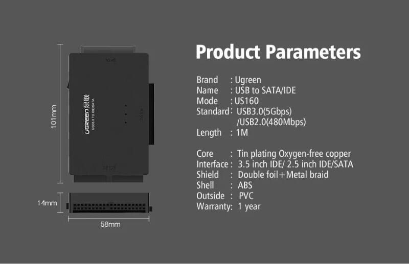 Ugreen UG30352US160TK Bộ chuyển đổi USB 2.0 sang SATA + IDE cao cấp - HÀNG CHÍNH HÃNG