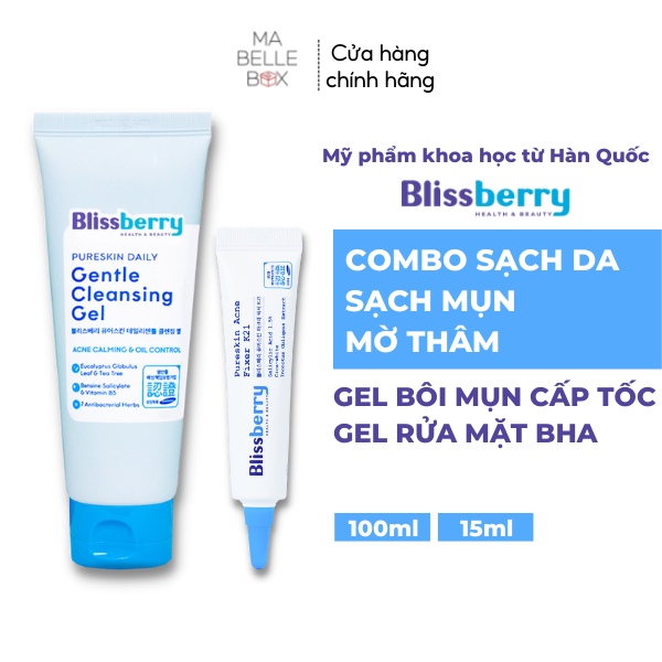 [ Quà tặng sữa tắm thảo dược] Combo Blissberry Gel bôi mụn mờ thâm 15ml và Sữa rửa mặt BHA 100ml