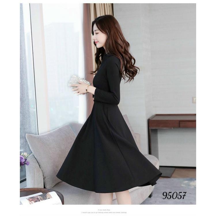 Đầm váy nữ trung niên cổ tim dài tay chữ A dự tiệc dạo phố đỏ đen sang trọng nhẹ nhàng