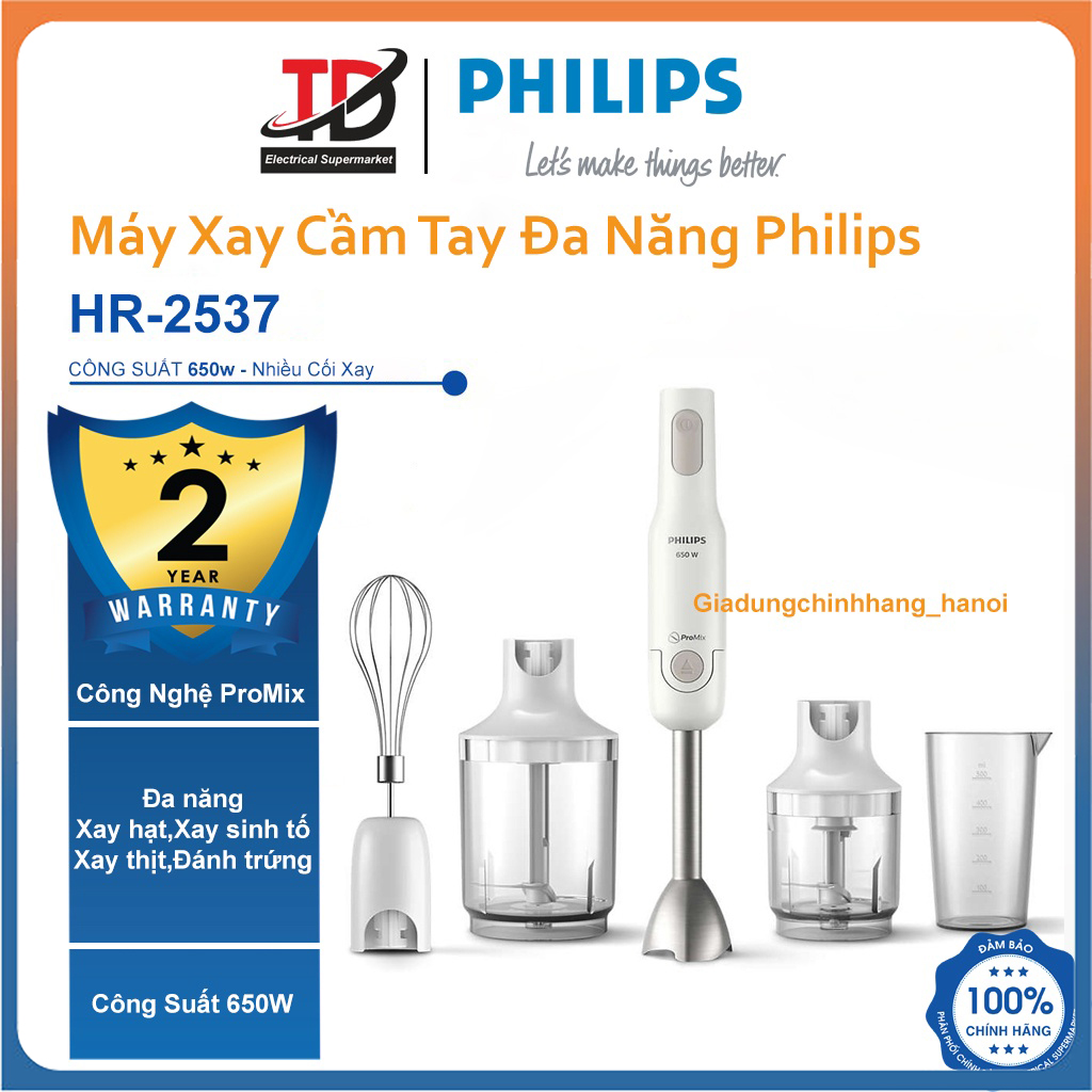 Máy Xay Sinh Tố Cầm Tay Đa Năng Philips HR-2537, Công Suất 650W, Xay hạt, sinh tố, thịt, Đánh trứng, Hàng Chính Hãng