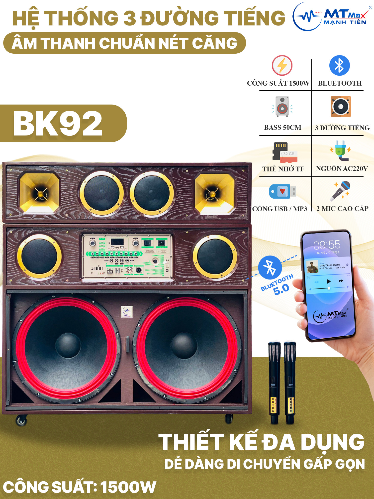 Loa Kéo Cao Cấp BK92 - Loa Khủng Long Bass 50, Bass Đập Cực Cưng, Bluetooth, Echo, Reverb, Đi Kèm 2 Micro Karaoke, Hàng Chính Hãng