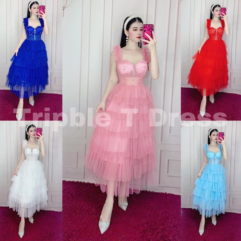 Đầm xoè dự tiệc xếp tầng kết cườm ngực cúp bra TRIPBLE T DRESS -Size M/L - MS160V