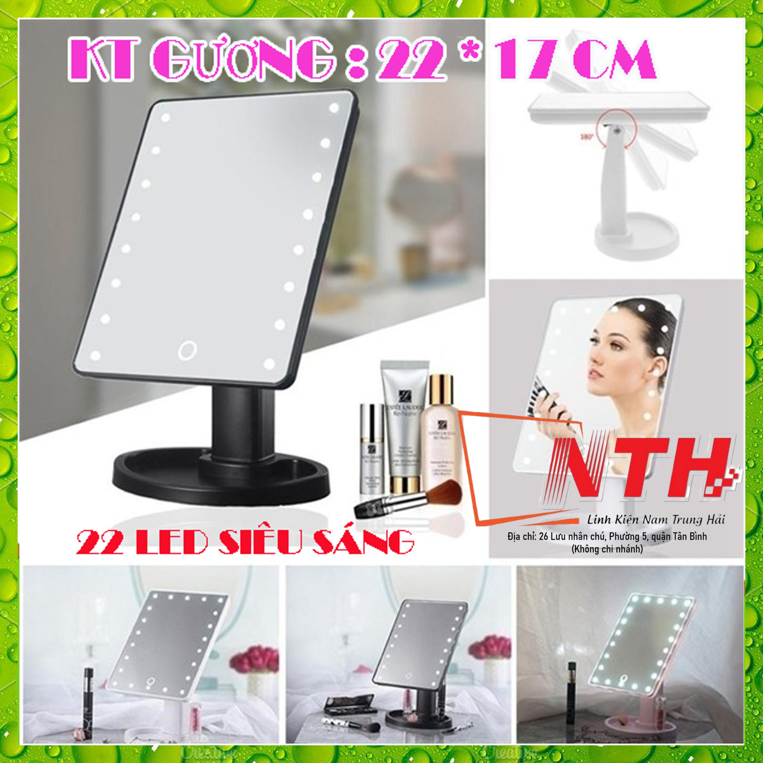 Gương trang điểm xoay 360 độ 22 LED có cảm ứng