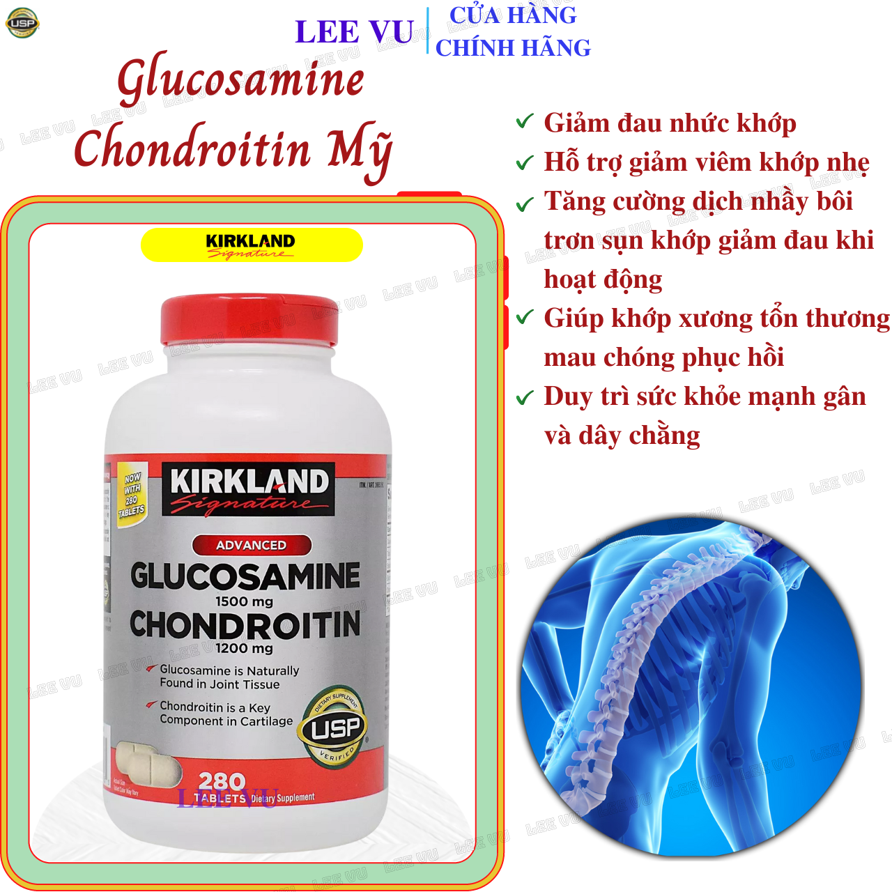Glucosamine Mỹ Glucosamine 1500mg Chondroitin 1200mg Kirkland Signature Mỹ - Phục hồi sụn khớp, Giảm đau nhức xương khớp và Hỗ trợ sự vận động linh hoạt hiệu quả