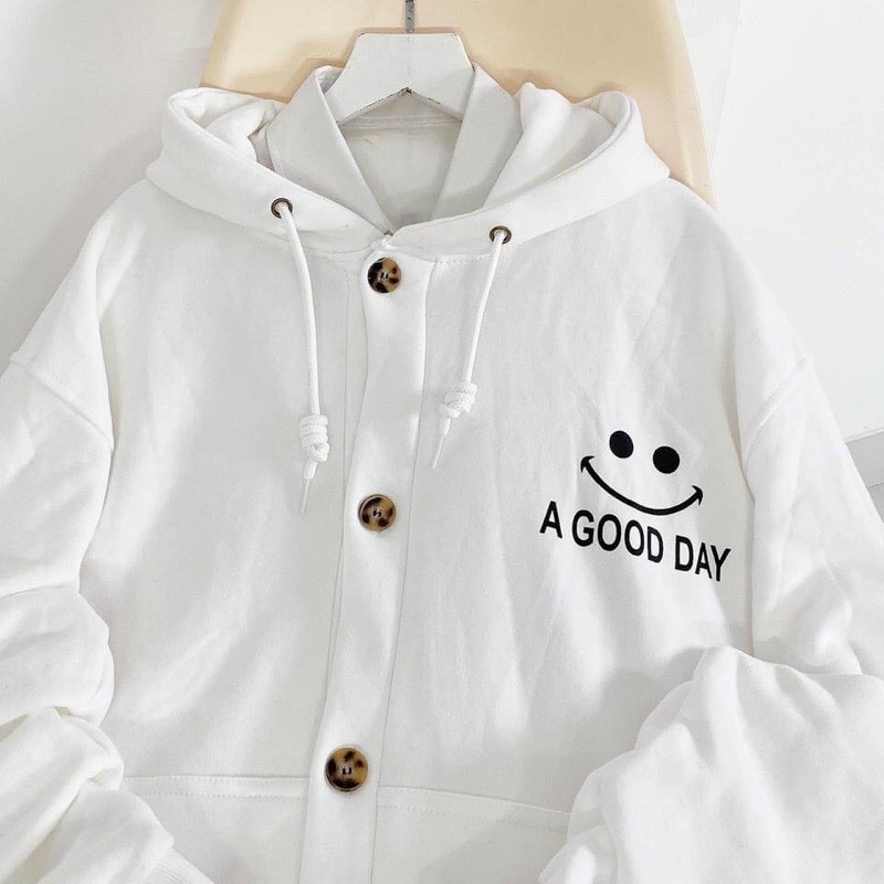 Áo Khoác Nỉ Lót Bông Dây Kéo in mặt cười A GOOD DAY form rộng ullzang Unisex