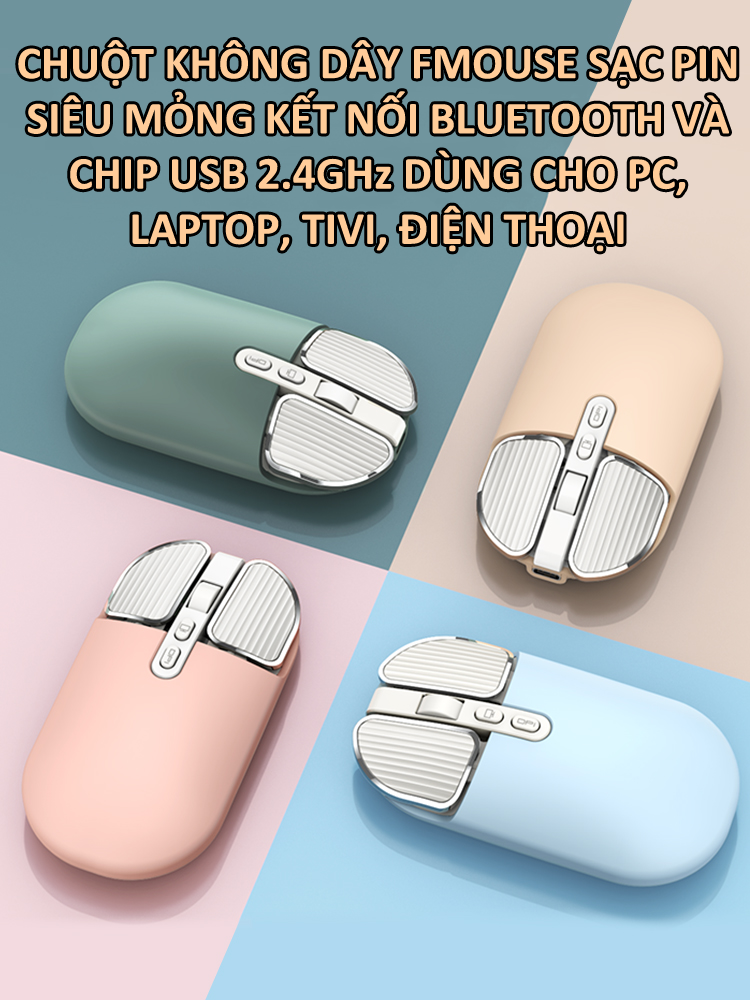 Chuột không dây FMOUSE M203 sạc pin siêu mỏng kết nối bluetooth và chip USB 2.4GHz dùng cho pc, laptop, tivi, điện thoại - Hàng Chính Hãng