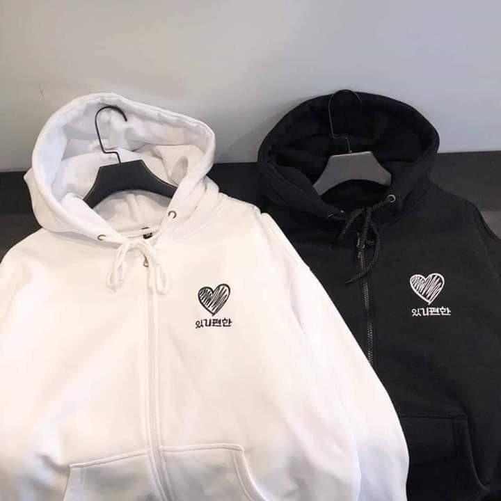 Áo khoác hoodie Heart Unisex Saranghae hình trái tim thêu chất nỉ bông dây kéo form rộng
