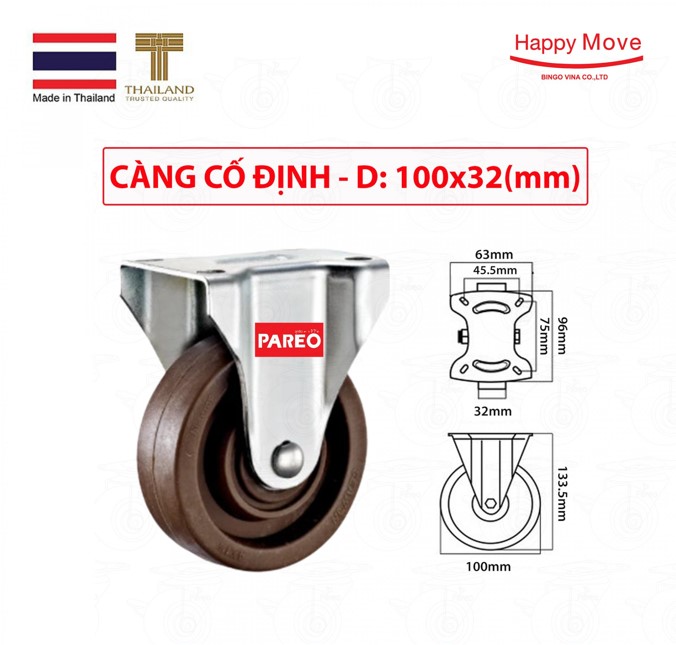 Bánh xe nhựa chịu nhiệt dành cho thiết bị Nung/ nướng/ hấp/ sấy - càng cố định - Thương hiệu Happy Move Thái Lan (màu nâu)