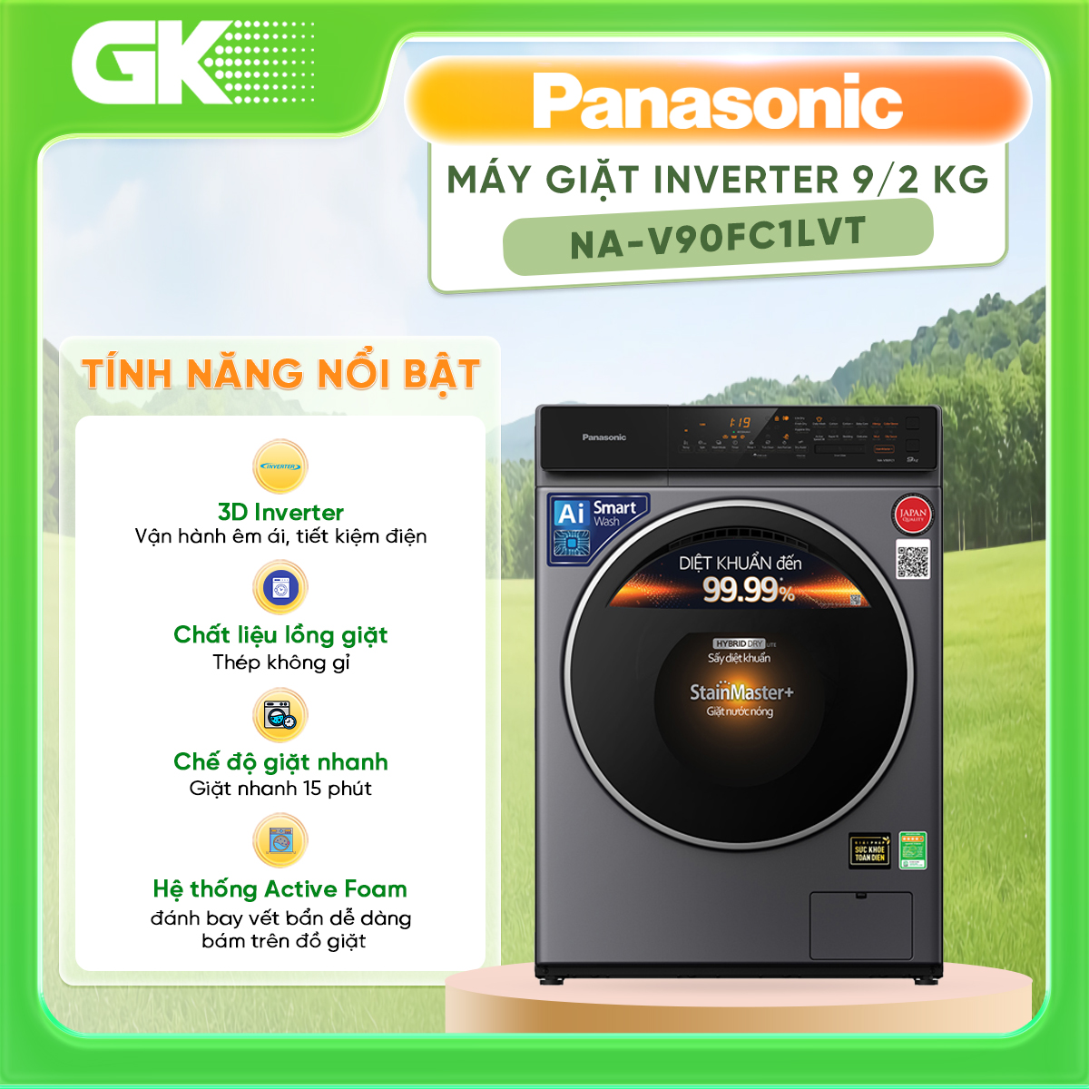 Máy Giặt Cửa Trước Panasonic 9 Kg NA-V90FC1LVT - Diệt khuẩn đến 99.99% - Tính năng sấy tiện ích - Hàng Chính Hãng (Xám) - Giao Toàn Quốc