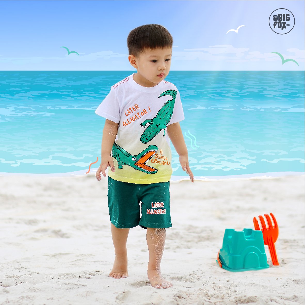 Bộ quần áo bé trai cộc tay BIGFOX - MISS MEOW size đại mùa hè vải cotton phong cách Âu Mỹ in cá sấu  LATER ALIGATOR size trẻ em 3-11 tuổi 10 - 38 kg QATE