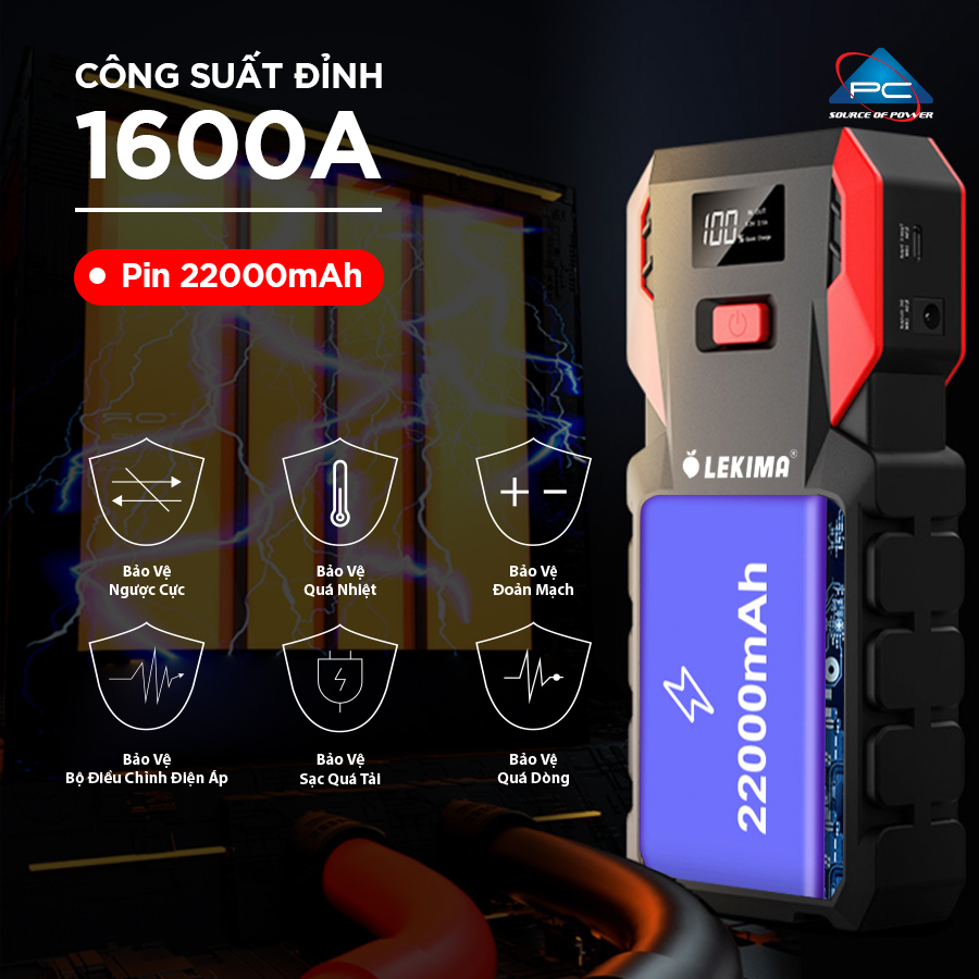 Bộ kích xe máy, xe ô tô LEKIMA LJS800 công suất lớn, dòng phóng mạnh, kiêm pin sạc dự phòng 22000mAh