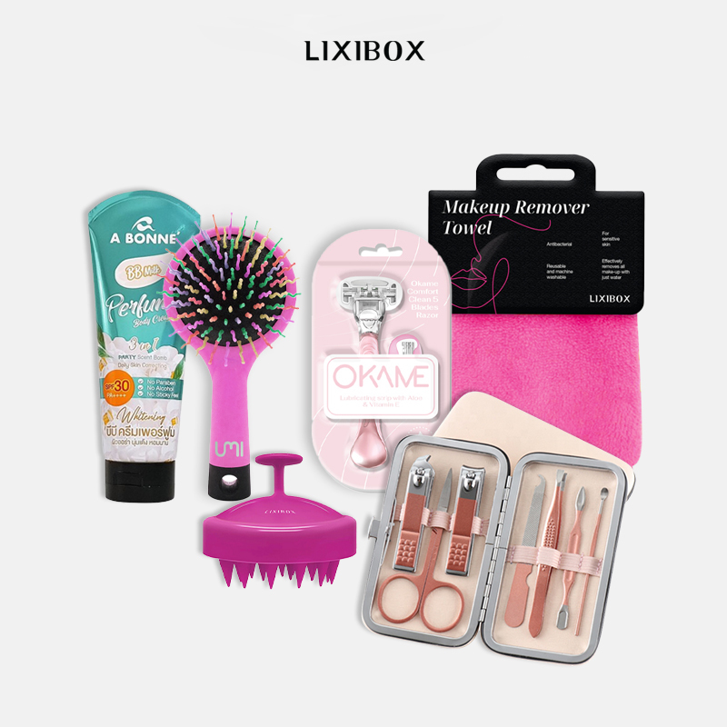 [HB Gift] Set làm móng Lixibox, Khăn Tẩy Trang Lixibox, Kem Dưỡng Toàn Thân A BONNE’ BB, Lược gội đầu, Dao Cạo Okame, Lược Gỡ Rối Umi