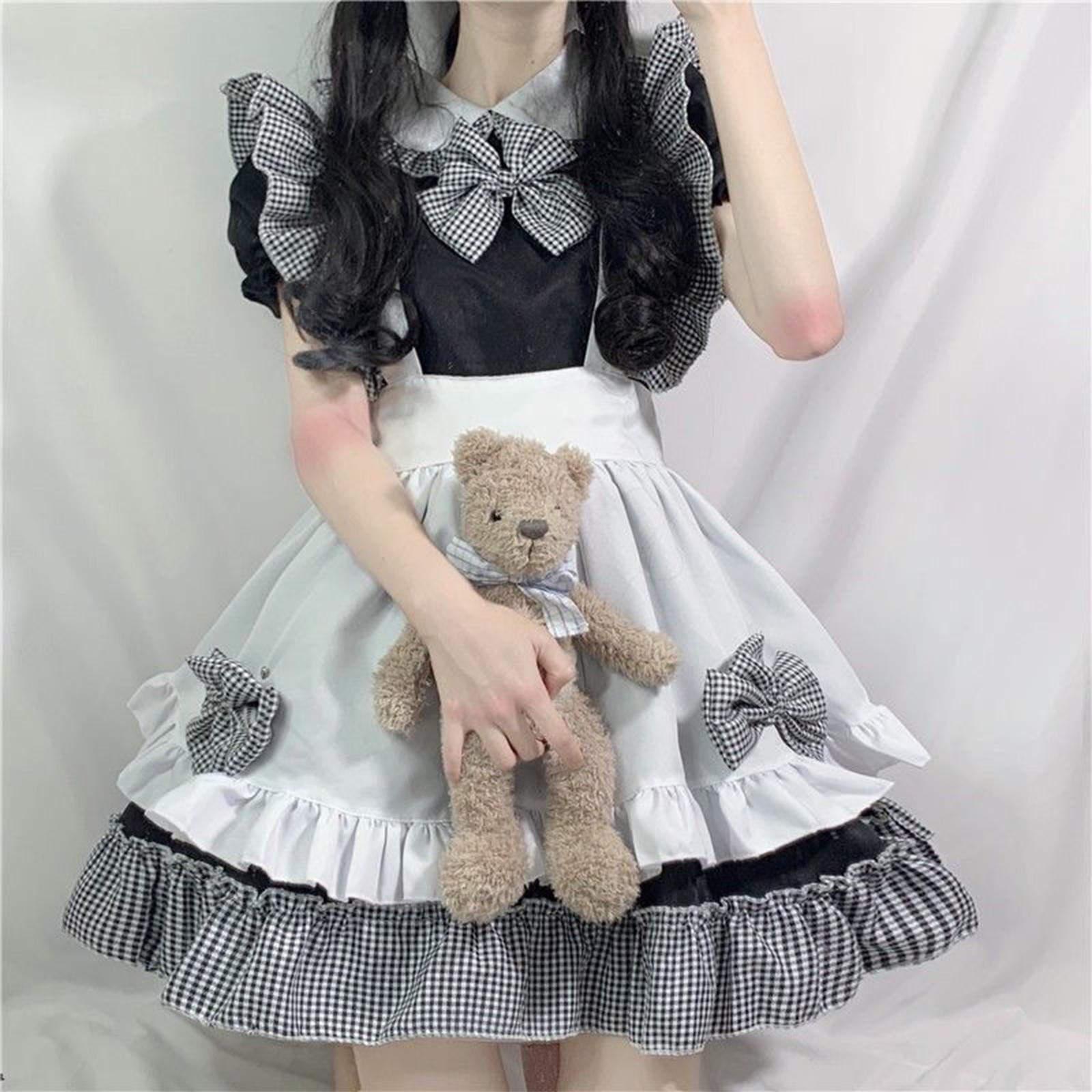 Women's French Maid Costume with Apron, Anime Cosplay Fancy Dress for Halloween Party