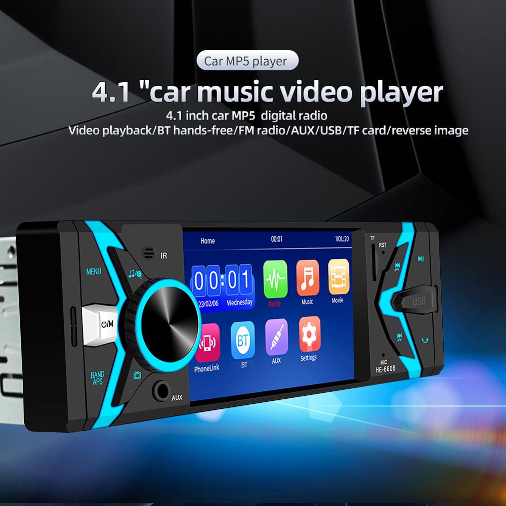 4.1 Inch Single Din Car Stereo BT MP5 Player FM Radio Receiver Support AUX/USB/TF Card Playback Hands-Free Calling Reverse Picture Phone Link Video Output with Multi-language & Colorful Button Light