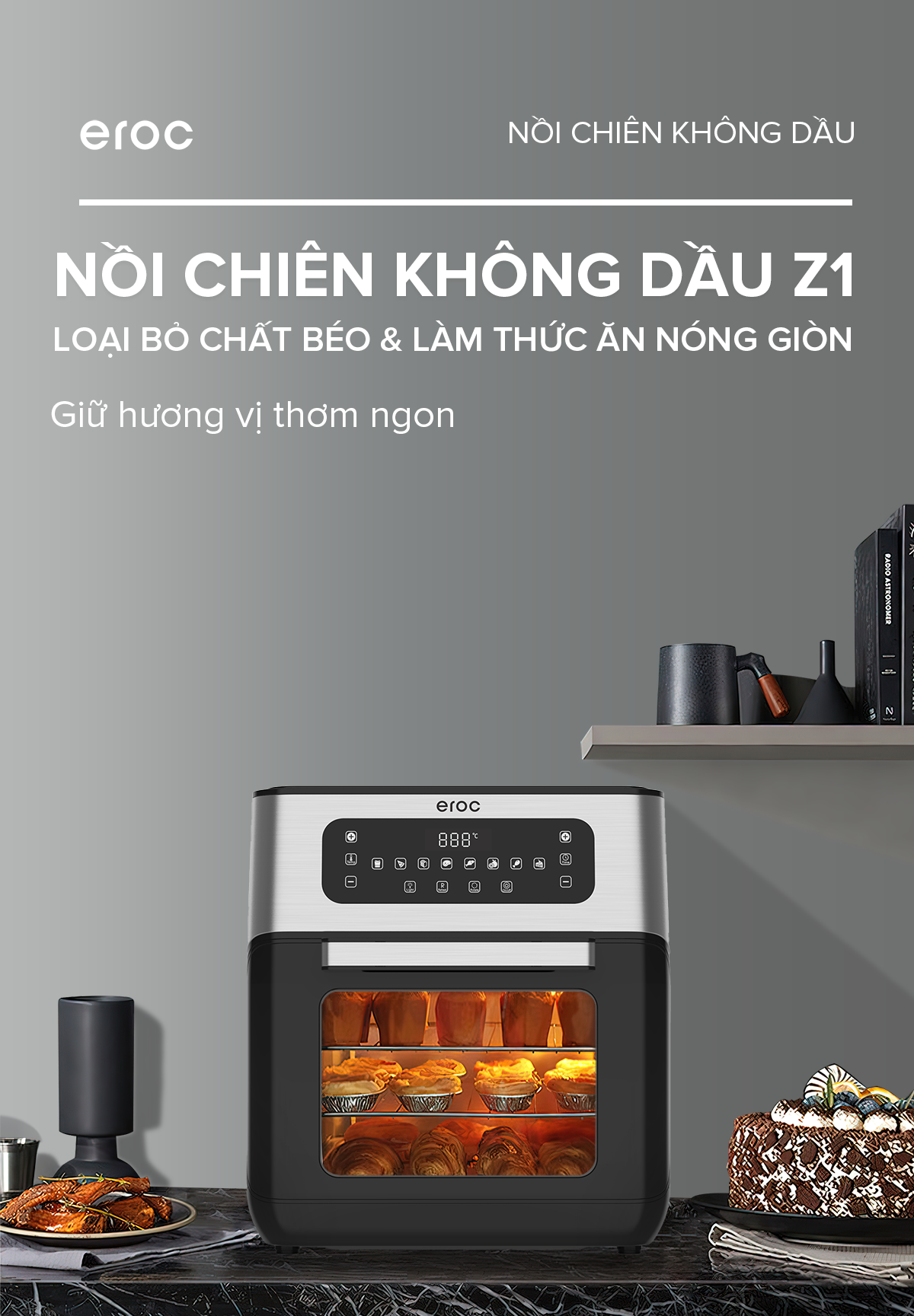 Nồi Chiên Không Dầu Kèm Chức Năng Nướng 10L, Nút Bấm Cảm Ứng, Cửa Tháo Rời Eroc V-Z1 Hàng Chính Hãng