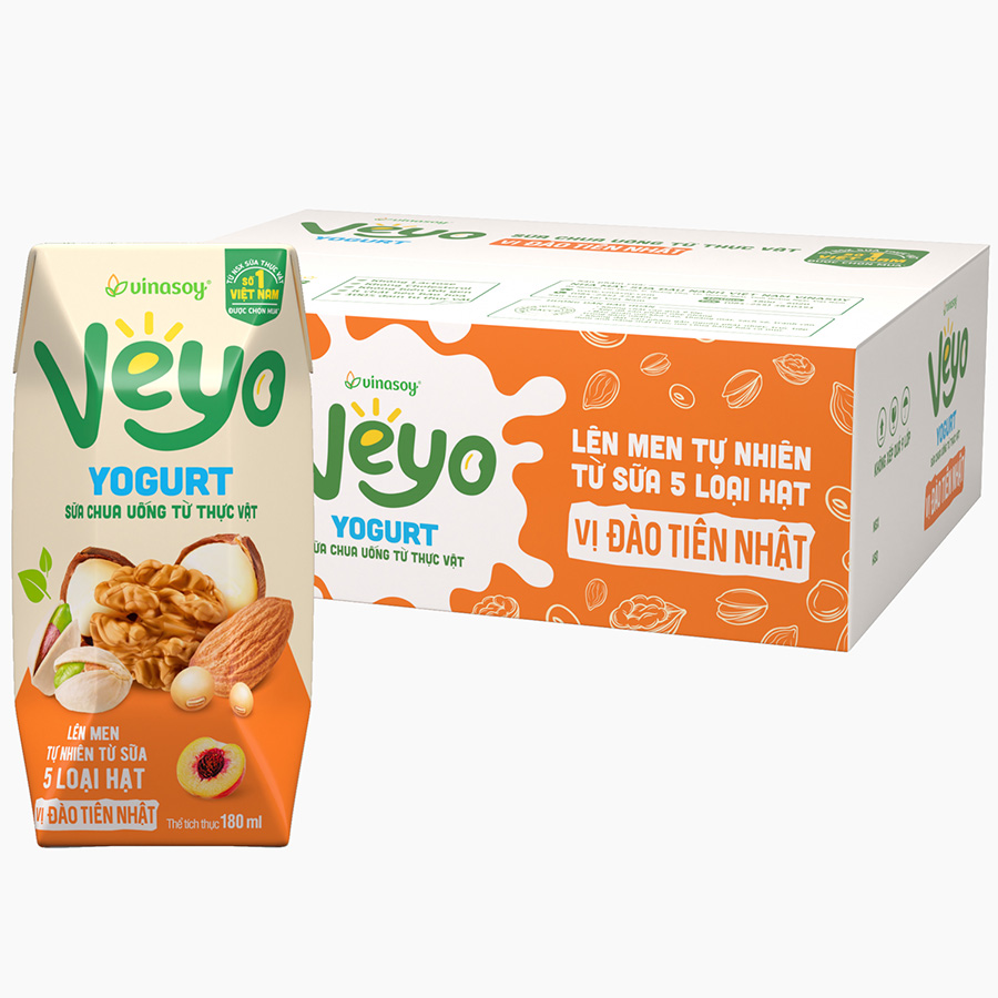 Thùng Sữa chua uống từ thực vật Veyo Yogurt ( 180ml x 30 Hộp) - Vị Đào Tiên Nhật