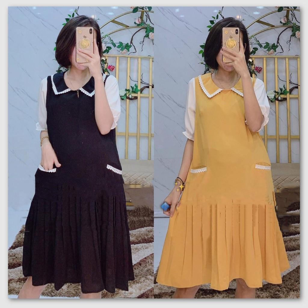 Váy bầu chân cá xếp ly cổ bèo -