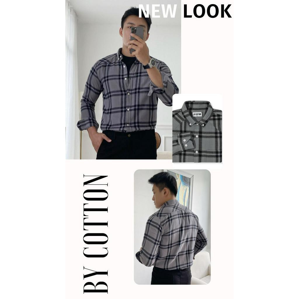 Áo Sơ Mi Nam Dài Tay Caro Đen Phối Xám BY COTTON Black Grey Checked Flannel Shirt