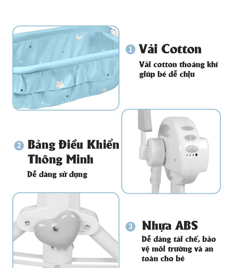 Nôi rung điện tự động cho bé Bibon cao cấp, có rèm chống muỗi, phát nhạc kết nối Bluetooth- tặng gấu đồ chơi