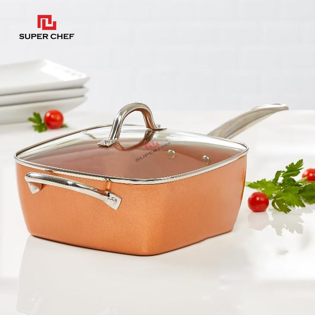 Nồi Chống Dính Ceramic Vuông  Cán Dài Super Chef Cao Cấp Siêu Bền Bỉ Không Bong Tróc, Chống Ăn Mòn, Đảm Bảo An Toàn Sức Khỏe Kèm Nắp Kính ( Size 20, 24cm