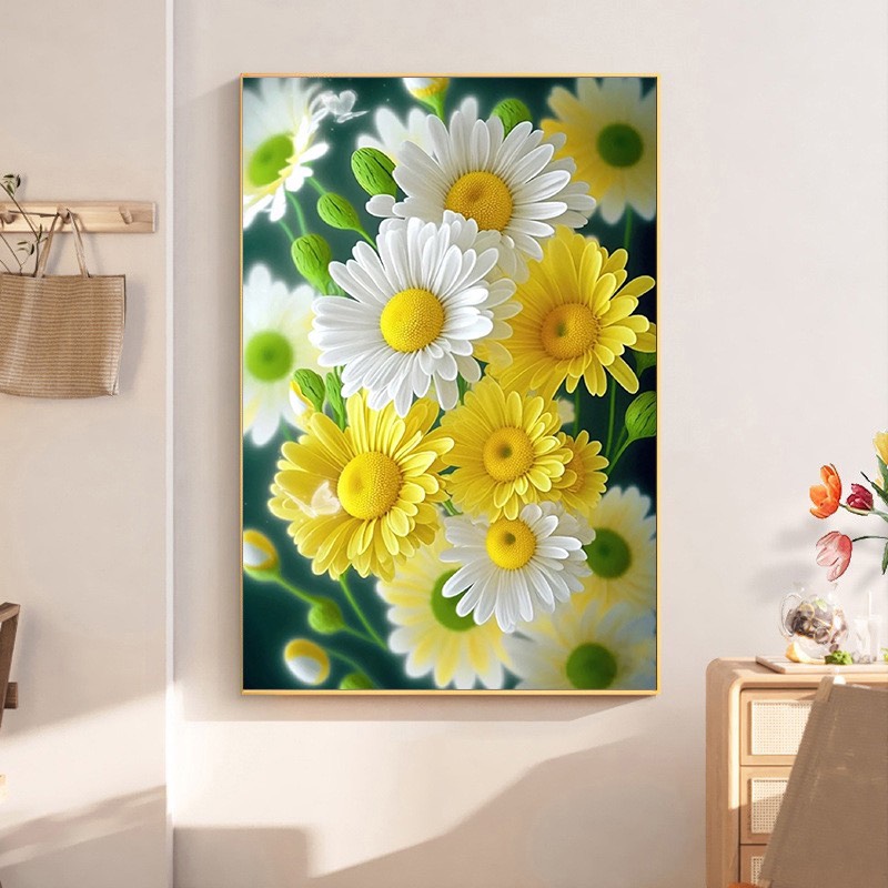 Tranh thêu kín Cúc họa mi, loại tranh thêu kín 4 sợi, kích thước 49 x 73 cm