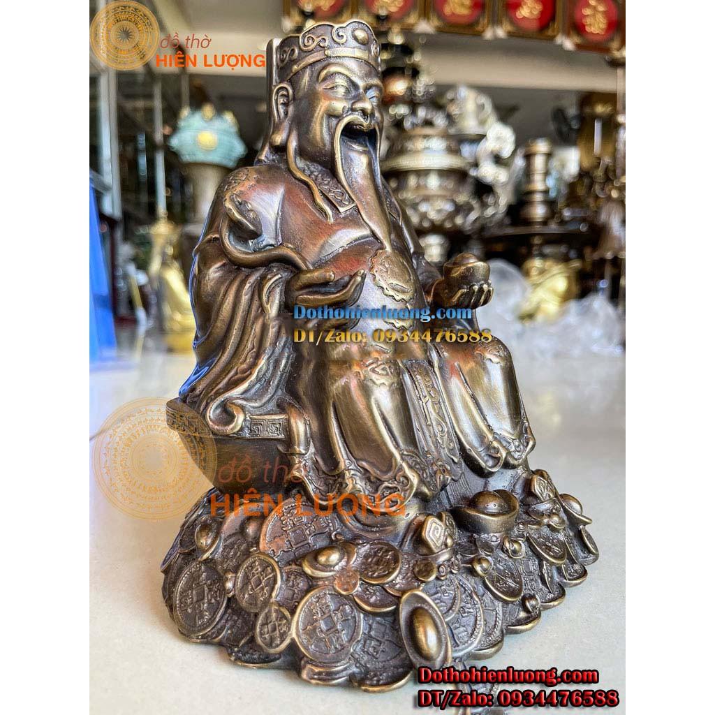 Bộ Tượng Thần Tài - Thổ Địa Ngồi Bệ Tiền Bằng Đồng Màu Nâu Giả Cổ Cao 21cm