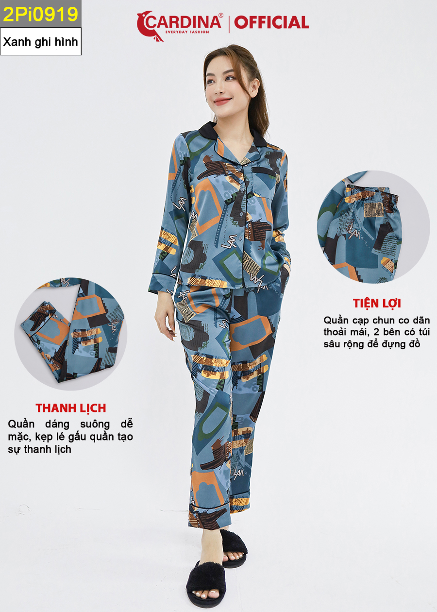 Đồ Bộ Nữ CARDINA Pijama Chất Lụa Satin Nhật Cao Cấp Quần Dài Áo Tay Lỡ Họa Tiết 2Pi09