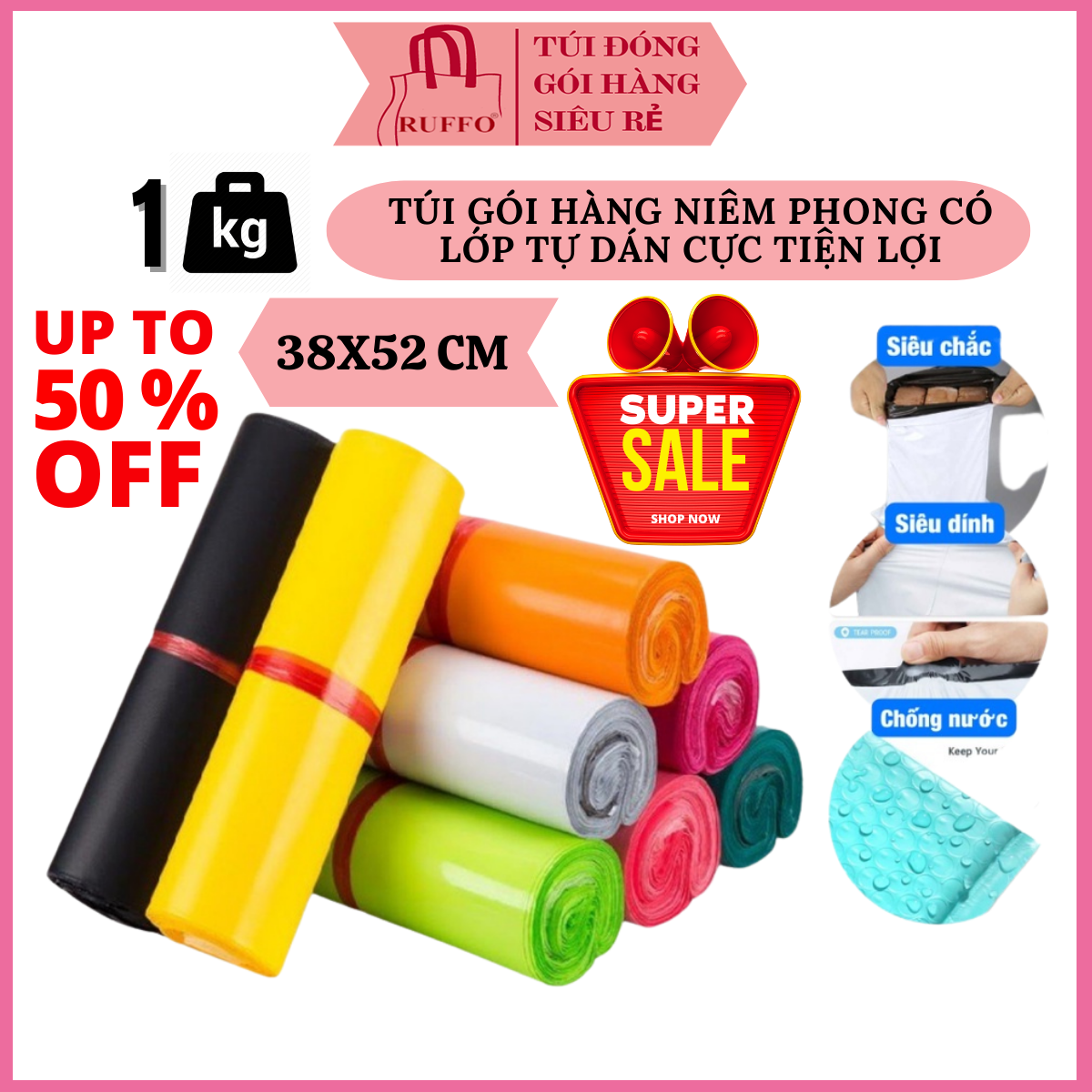 Túi Đóng Gói Hàng Niêm Phong Ruffo Có Lớp Dán Size 38x52 cm - Bịch 1 Kg Hàng Cao Cấp Dày Dẻo Bền Dai Giá Rẻ