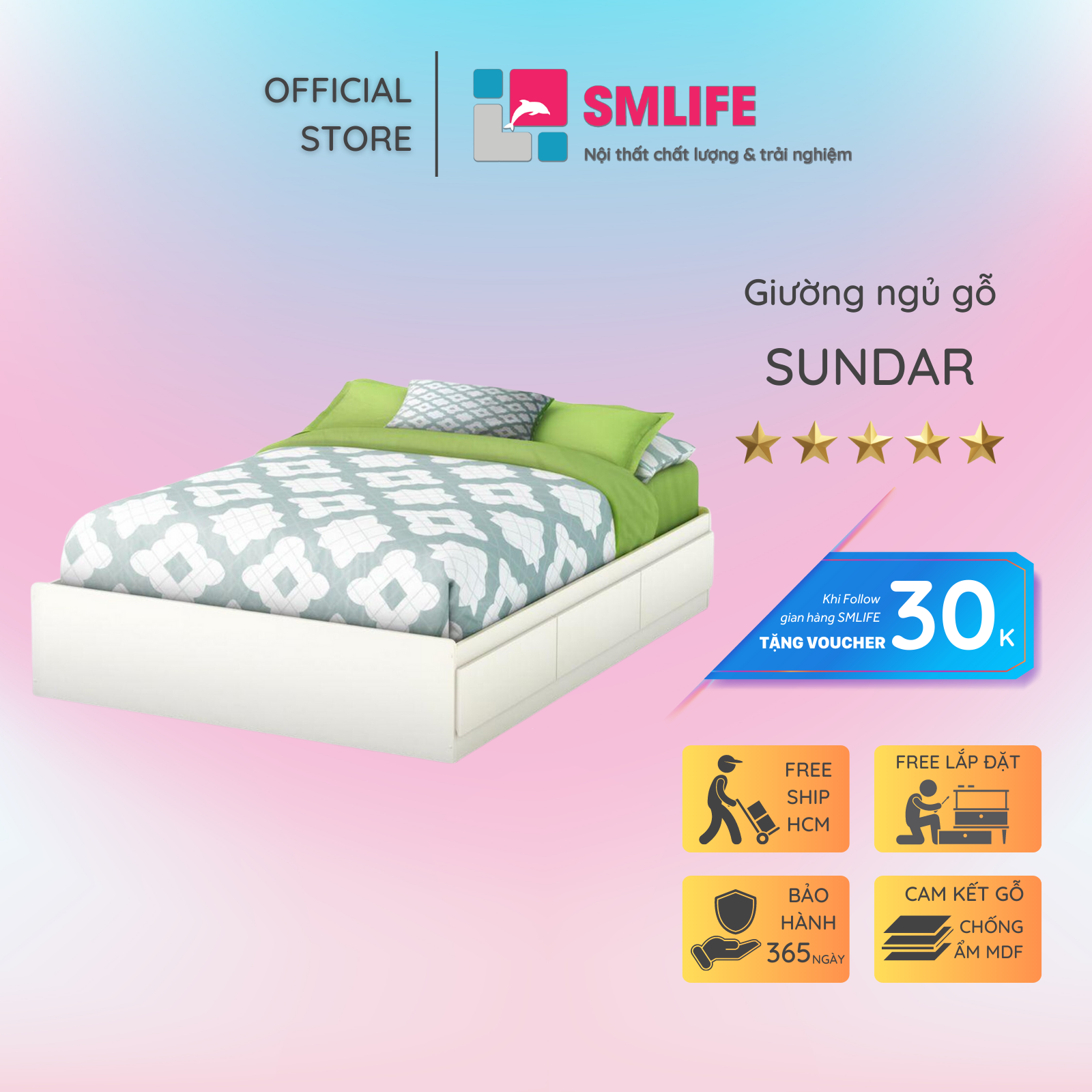 Giường ngủ gỗ hiện đại SMLIFE Sundar  | Gỗ MDF dày 17mm chống ẩm | D205xR165xC40cm