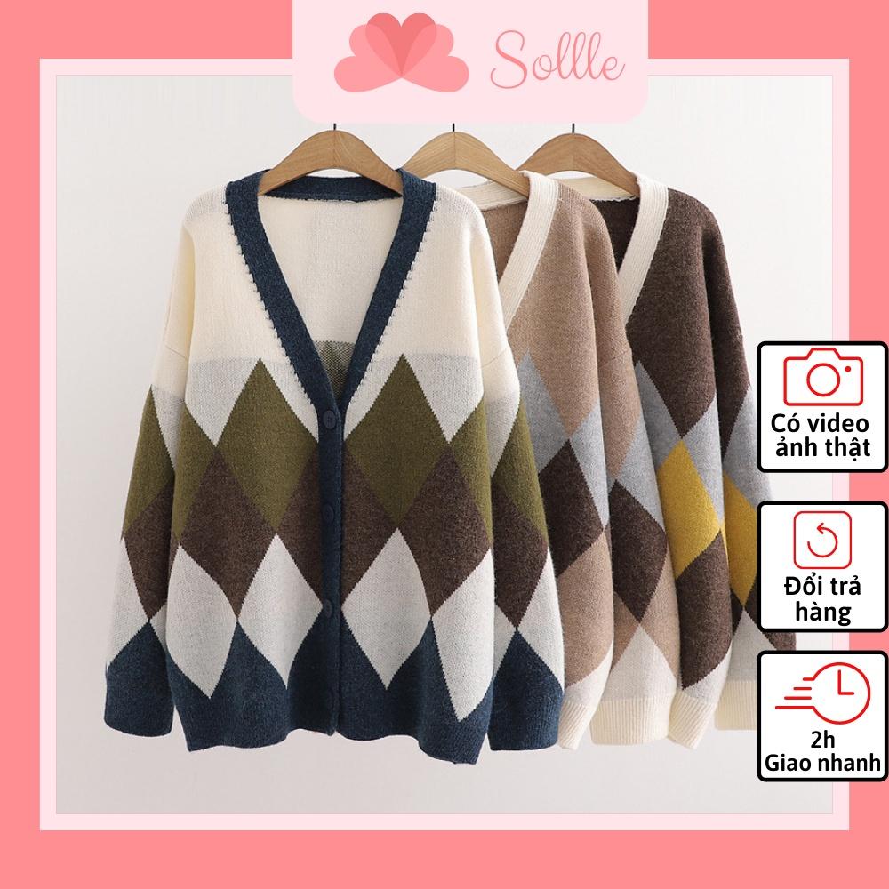 Áo khoác cardigan nữ dáng rộng thổ cẩm len trám mềm mịn phong cách Hàn Quốc Sollle