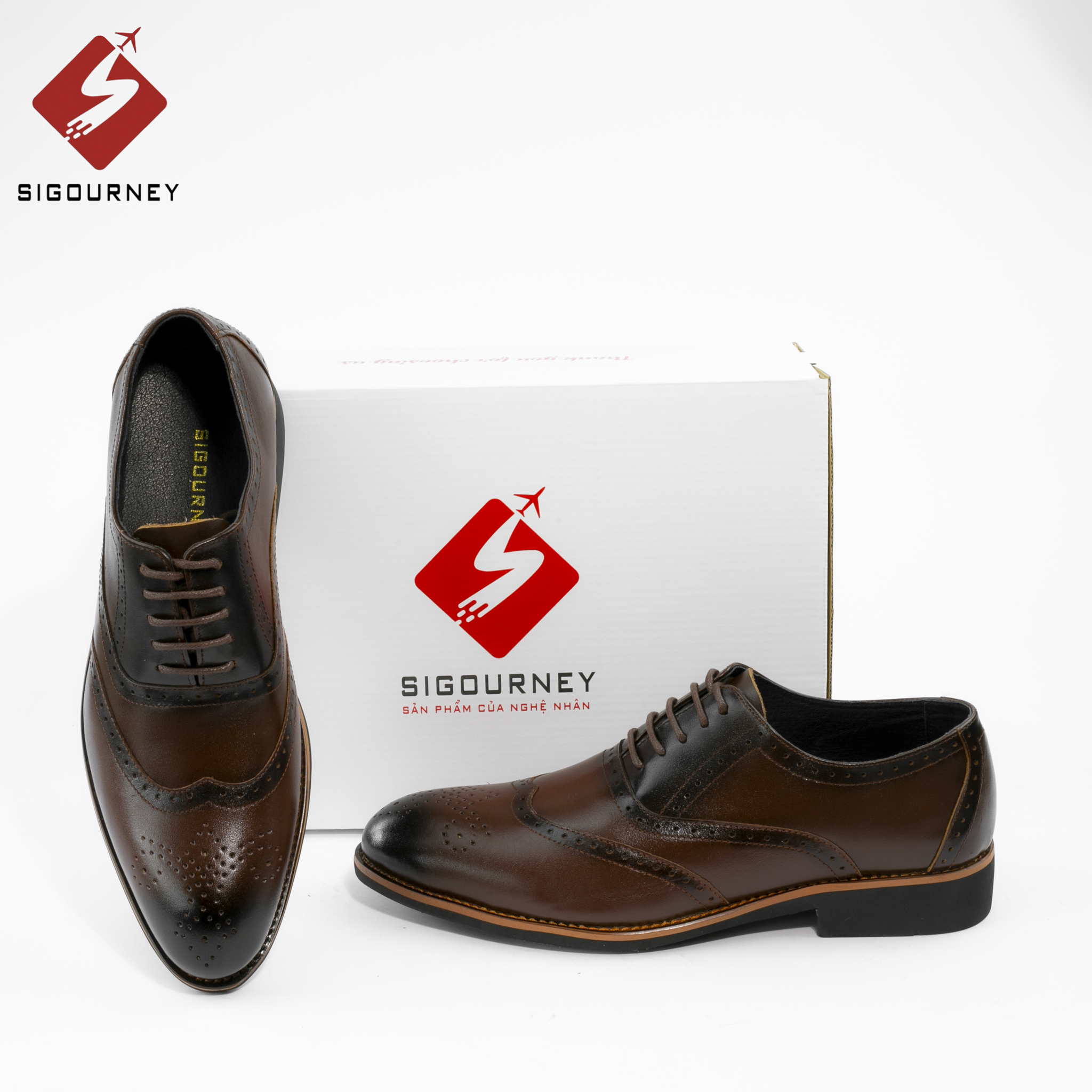 Giày Oxford Nam Họa Tiết Brogues Đục Lỗ Cực Đẹp SIGOURNEY Da Bò Màu Nâu Patian SIG-26 Bảo Hành 18 Tháng